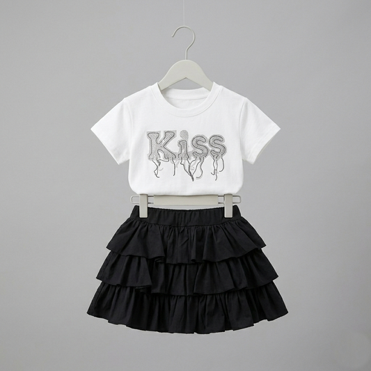 White T-shirt with Black skirt Set
