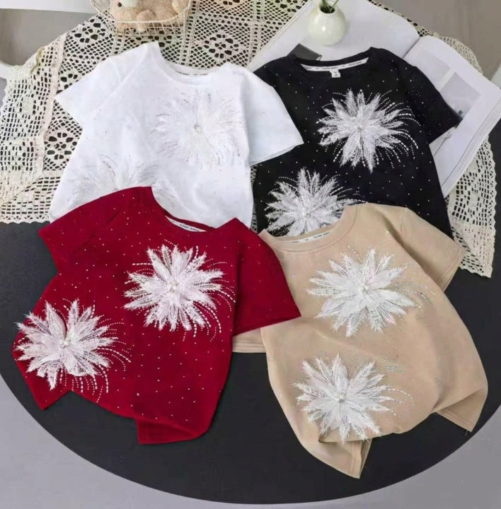 White 3D Floral Burst and Shimmering Glitter Premium cotton T-Shirt