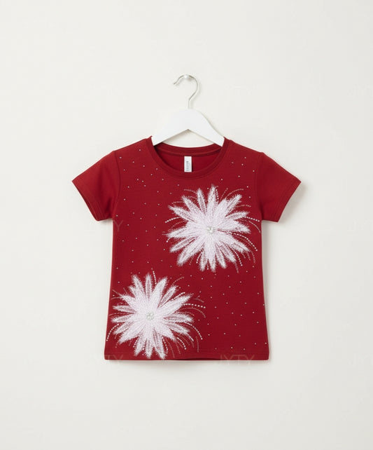 Maroon 3D Floral Burst and Shimmering Glitter Premium cotton T-Shirt