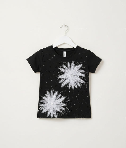 Black 3D Floral Burst and Shimmering Glitter Premium cotton T-Shirt