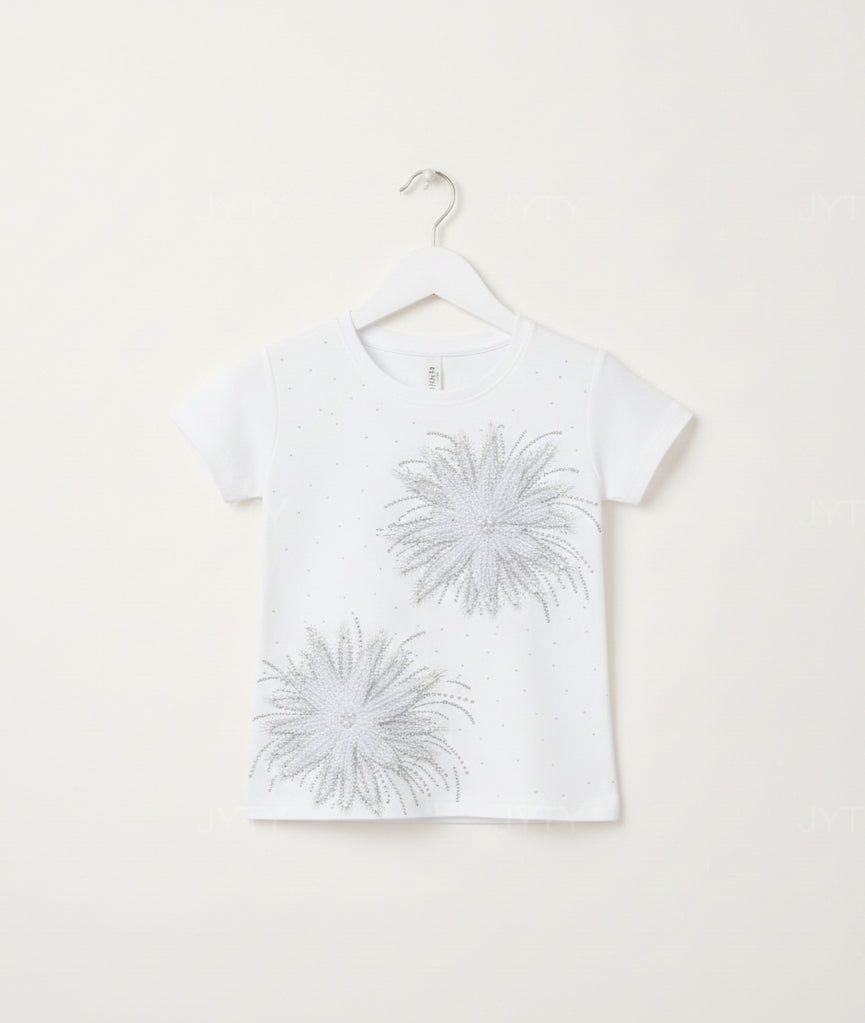 White 3D Floral Burst and Shimmering Glitter Premium cotton T-Shirt