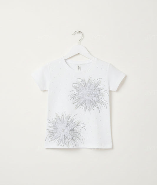 White 3D Floral Burst and Shimmering Glitter Premium cotton T-Shirt