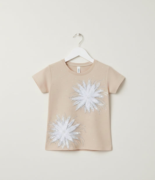 Beige 3D Floral Burst and Shimmering Glitter Premium cotton T-Shirt (Copy)
